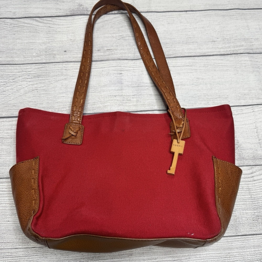 Fossil Red Canvas Tote Bag Purseโ Brown Leather Accents Straps Key